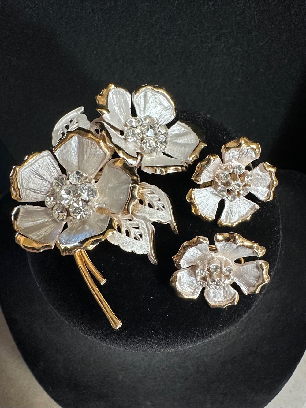 Vintage Gold-Tone & White Enamel Brooch & Clip-On Earrings Rhinestone Clusters